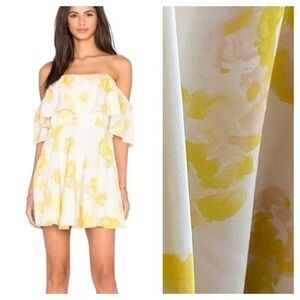 Amanda Uprichard Yellow Cream Floral Print Silk Off Shoulder Delilah Mini Dress